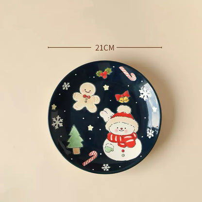 Hand-painted Christmas ceramic plate with snowman in navy blue, 21CM diameter
