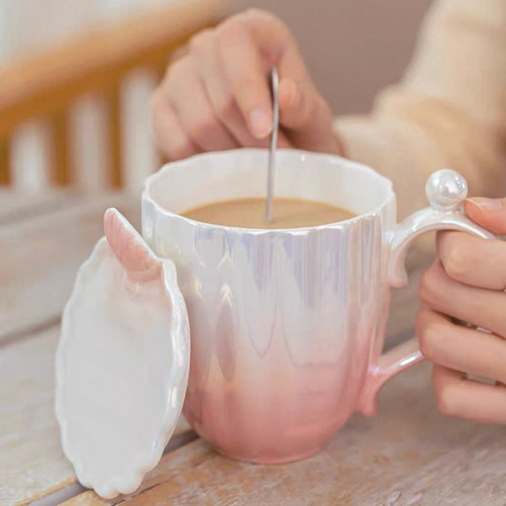 Seashell Pearl Glaze Ceramic Mug with Lid & Spoon - 400ML