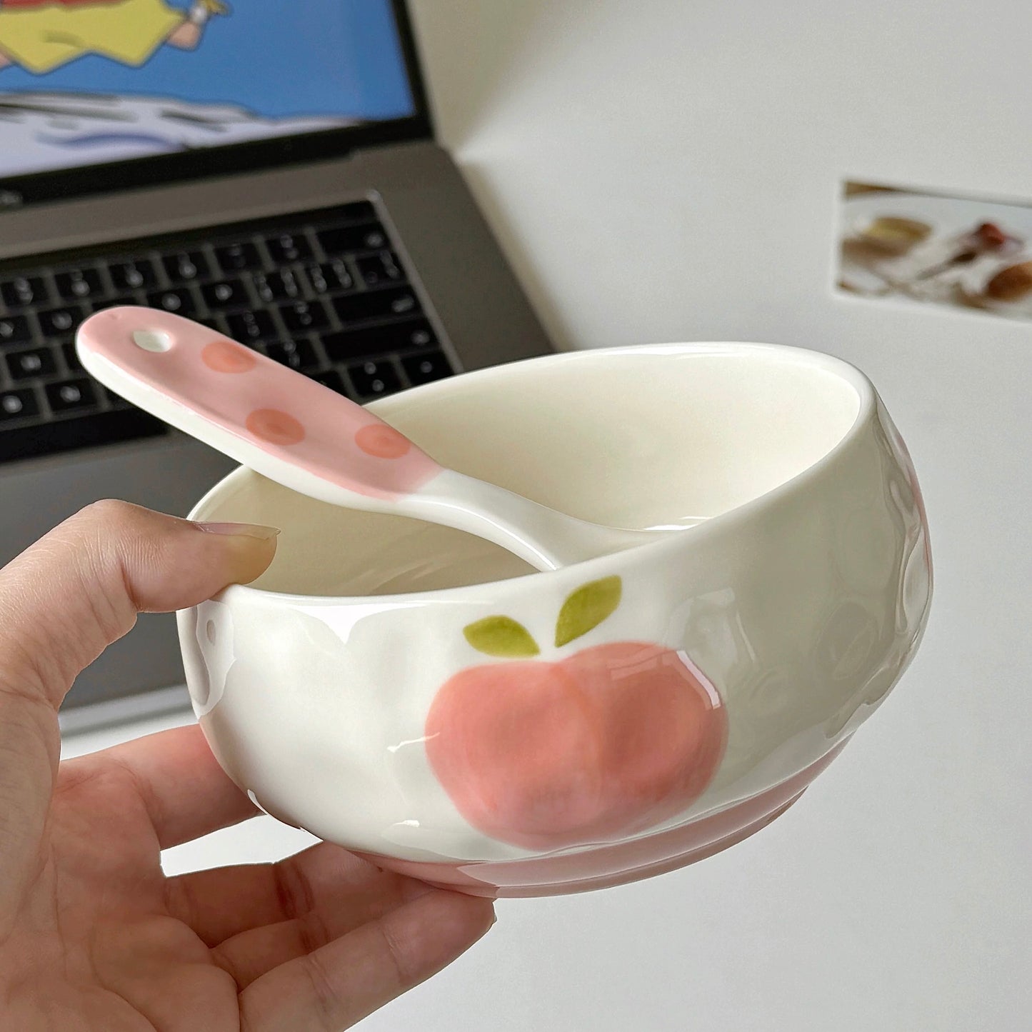 Hand-Painted Peach Ceramic Cereal Bowl with Spoon - 400ML
