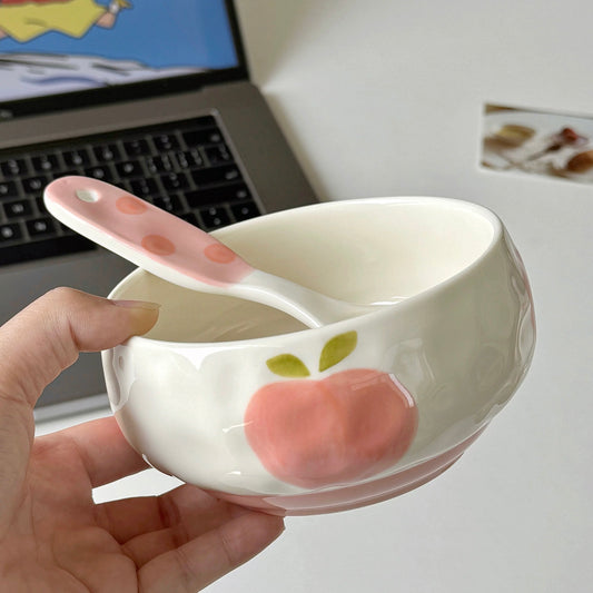 Hand-Painted Peach Ceramic Cereal Bowl with Spoon - 400ML