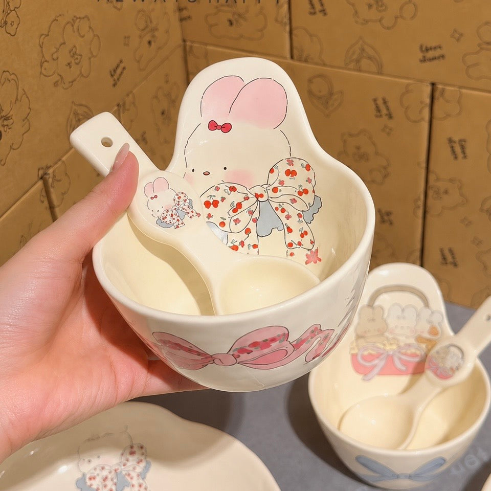 Bow Bunny Handle Ceramic Yogurt Bowl with Spoon – 350ML