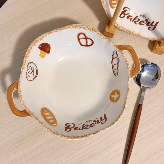 Bakery Theme Ceramic Double-Handle Bowl - 600ML