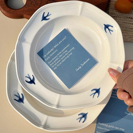 Japanese Hand-Painted Swallow Deep Ceramic Plate