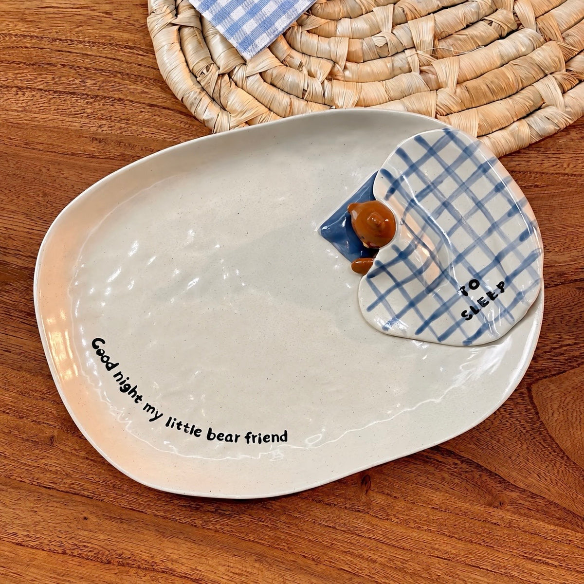 Goodnight Bear Hand-Painted Ceramic Oval Plate, 9.6-Inch