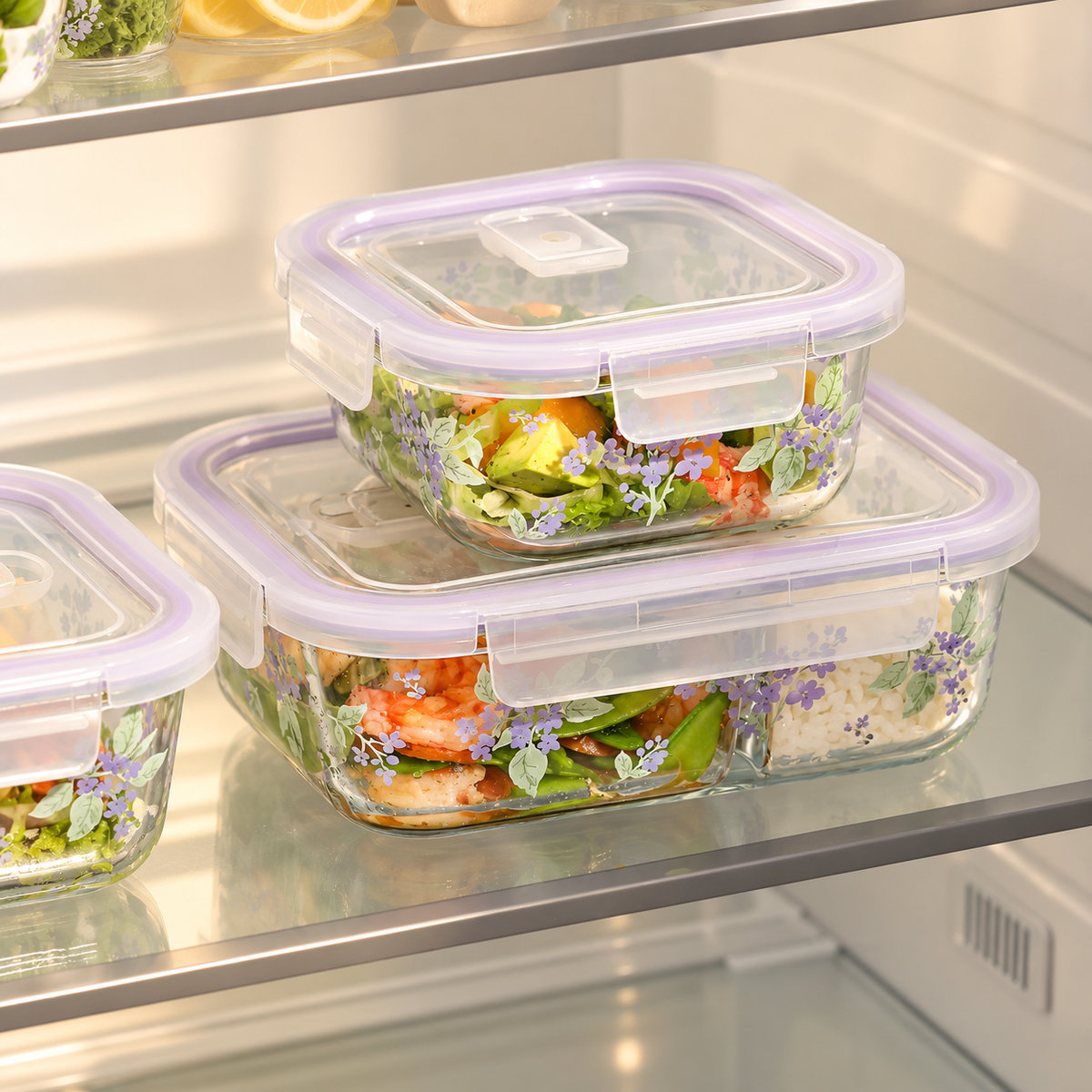 Purple Floral Glass Food Storage Container with Lid – 500ML / 850ML