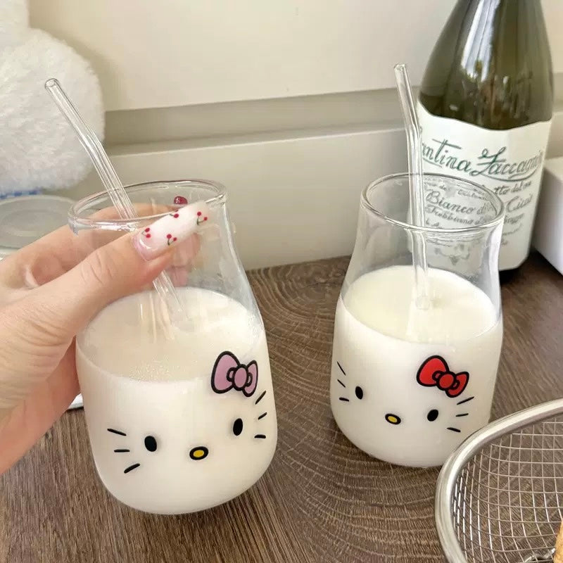 Cute Kitty Glass Pitcher with Straw, 450ML