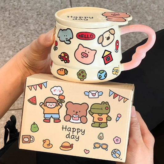 Doodle Animal Ceramic Mug with Lid – 400ML