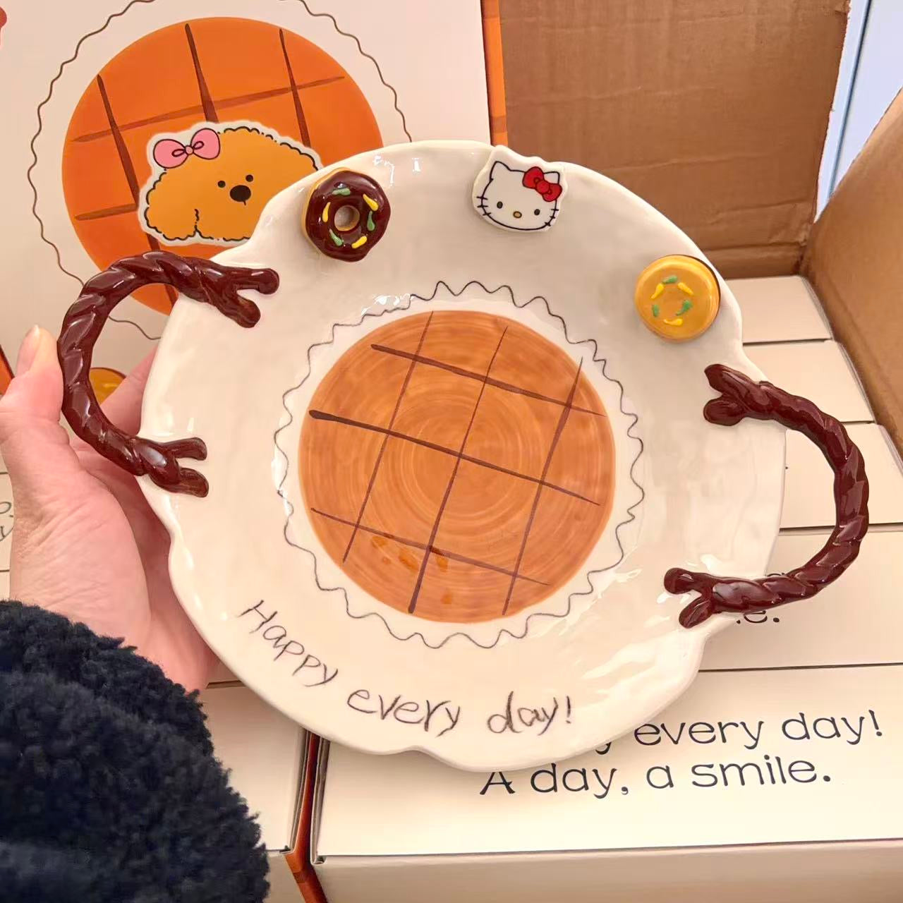 Caramel Kitty Hand-Painted Ceramic Plate with Handles, 8-Inch