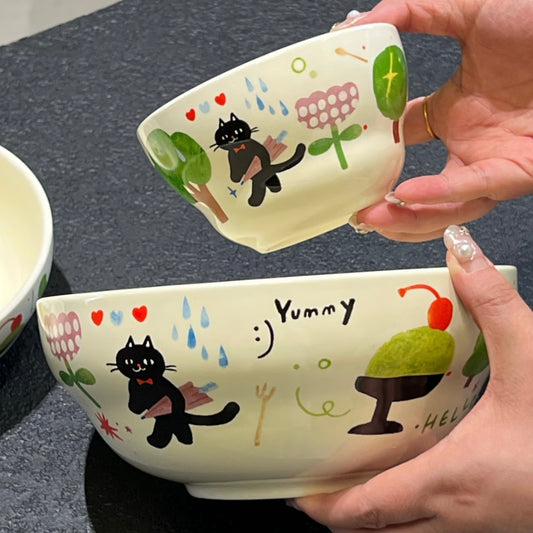 Black Cat Gourd-Shaped Ceramic Bowl - 400ML & 1500ML