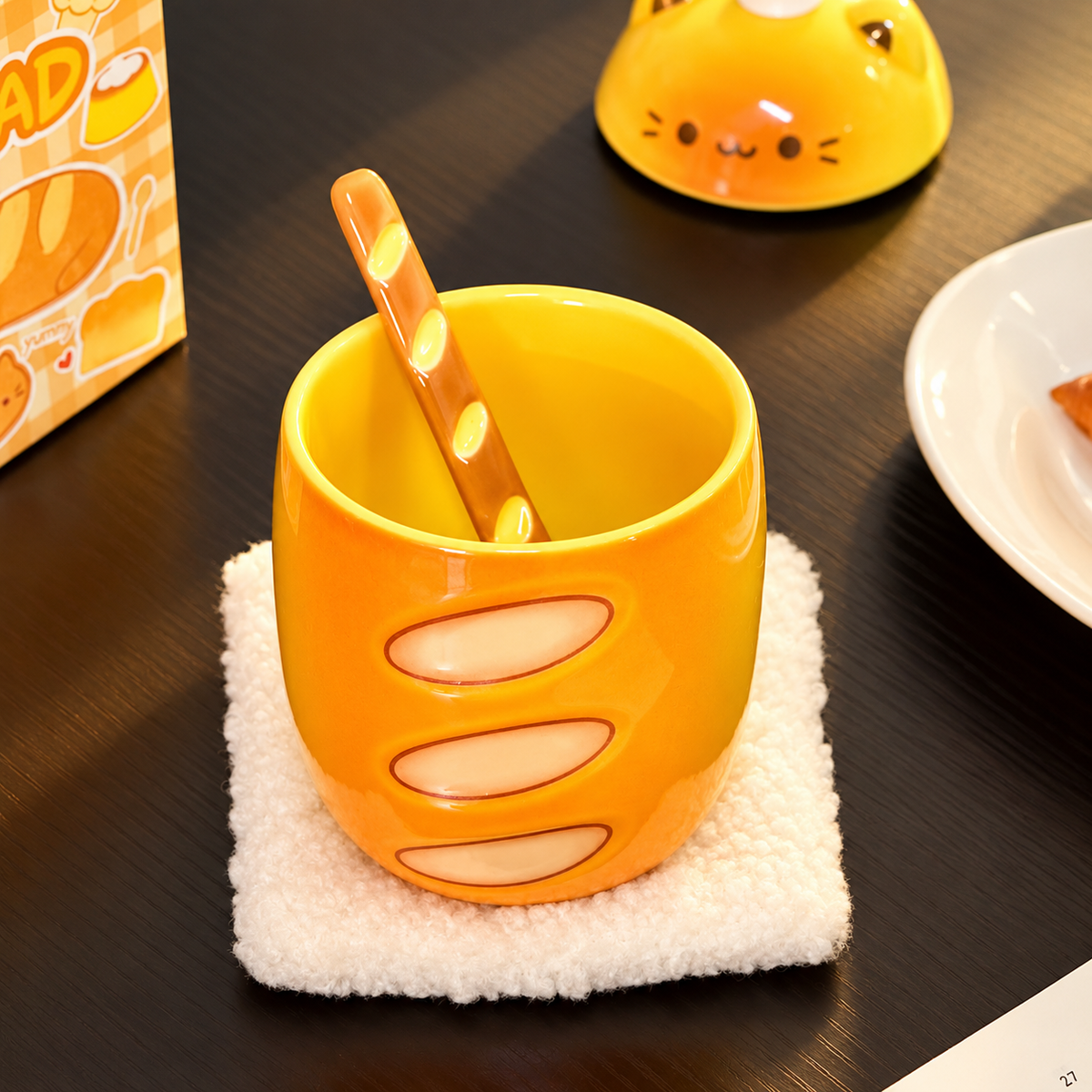 Baguette Cat Ceramic Mug with Lid & Spoon – 350ML