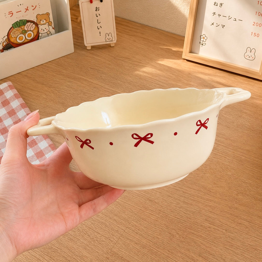 Red Bow Double-Handled Ceramic Soup Bowl – 750ML