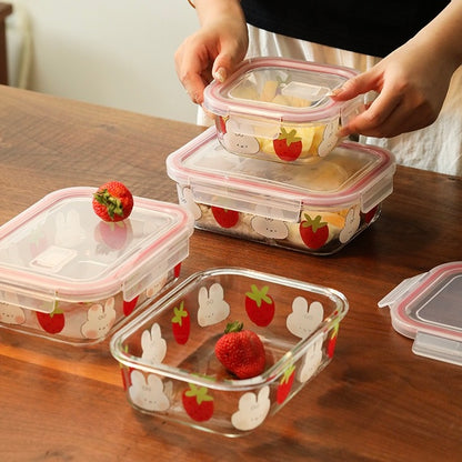 Strawberry Bunny Glass Food Container - 850ML Bento Box