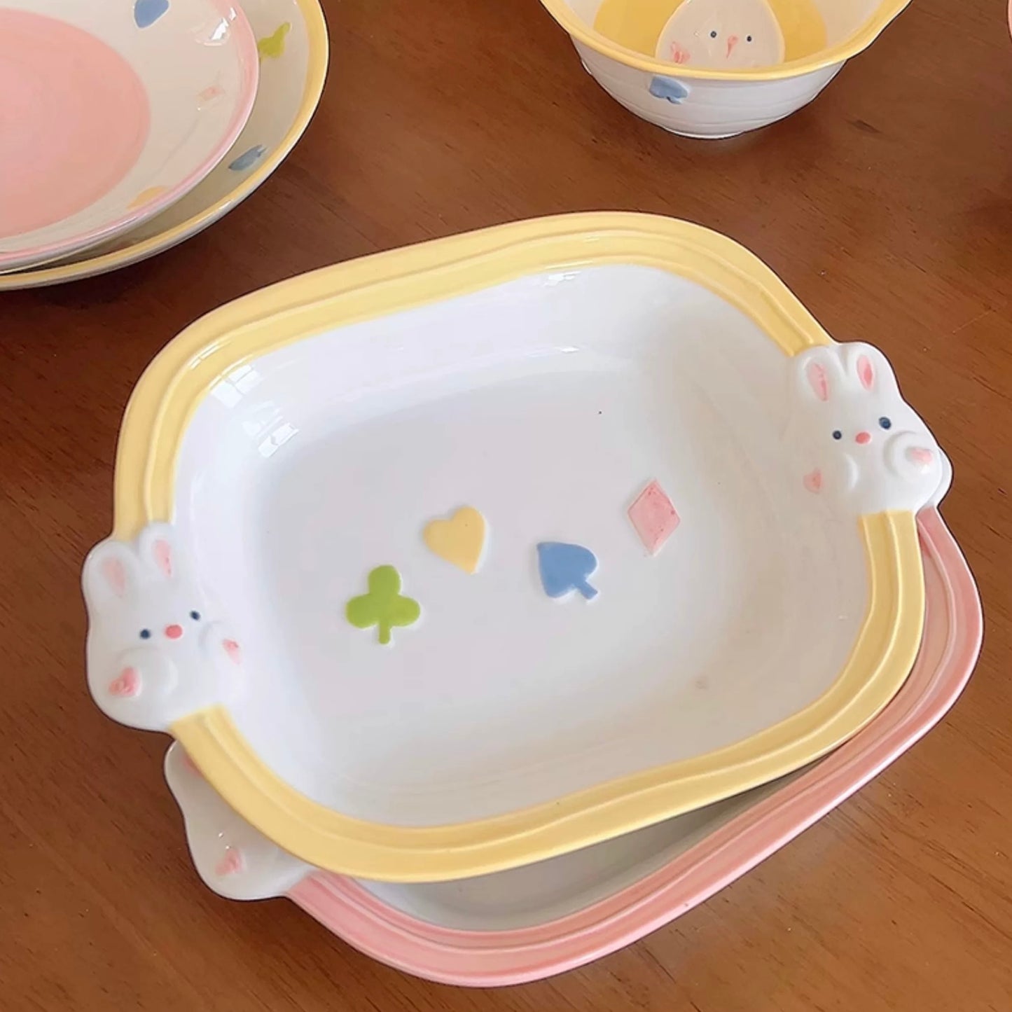 Hand-Painted Bunny Double-Handled Plates - Pastel Colors, Cute Rabbit Design