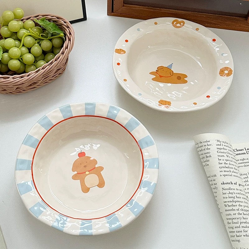 Handcrafted Ceramic Reversed Soup Plate – 8.25-Inch Puppy Design