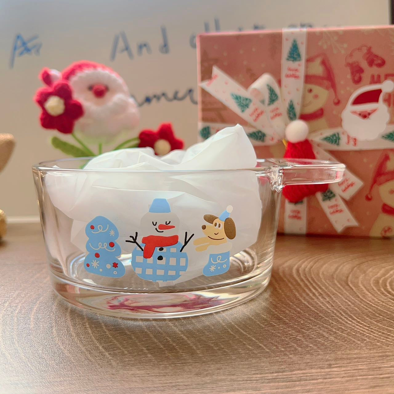 Christmas snowman glass yogurt bowl with festive design and Best wishes message, 400ML