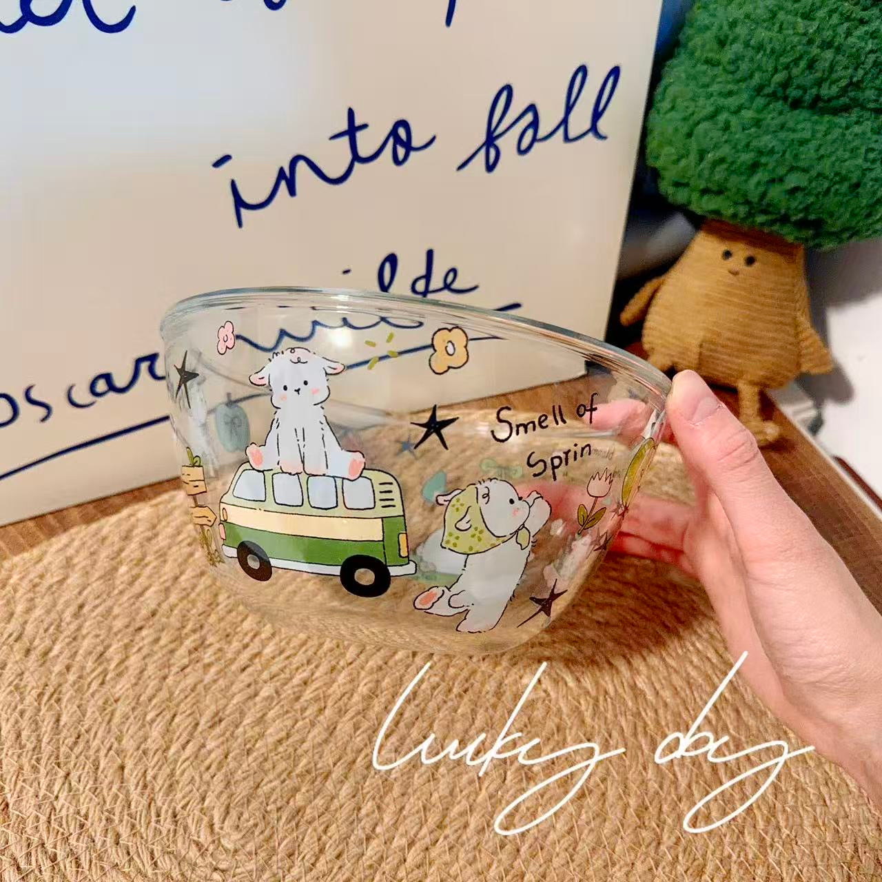 Cute Spring Doodle Glass Bowl - Microwave Safe, 350ML / 900ML
