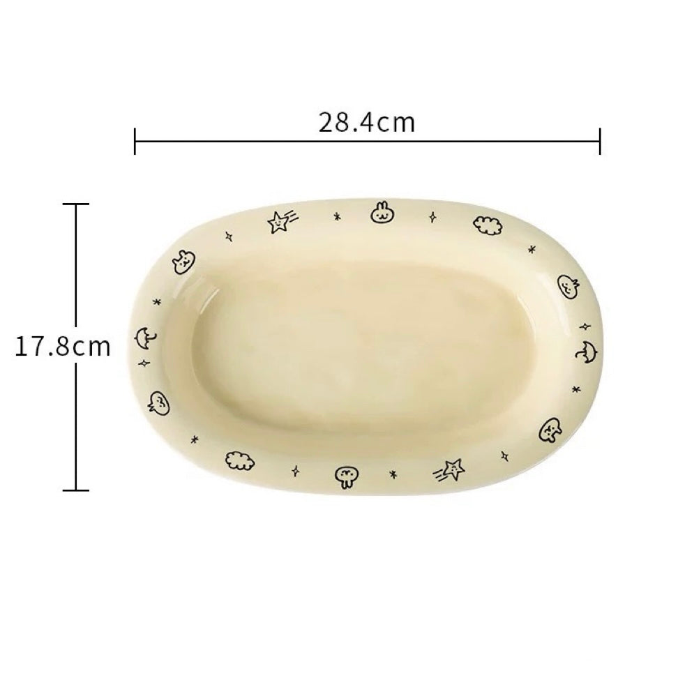Cream Doodle Style Ceramic Oval Platter, 11-Inch