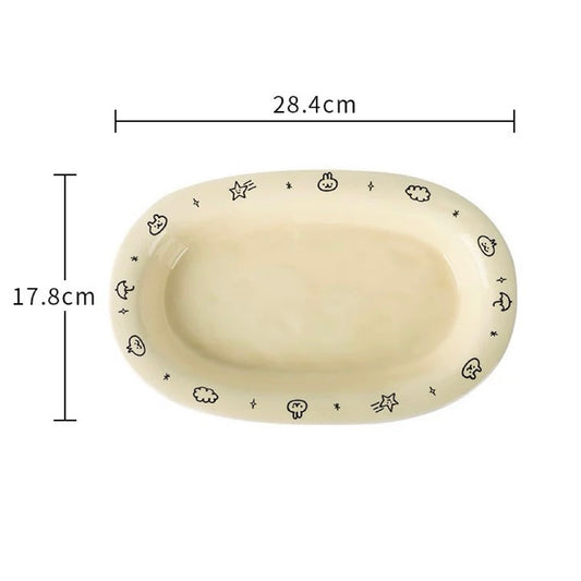 Cream Doodle Style Ceramic Oval Platter, 11-Inch