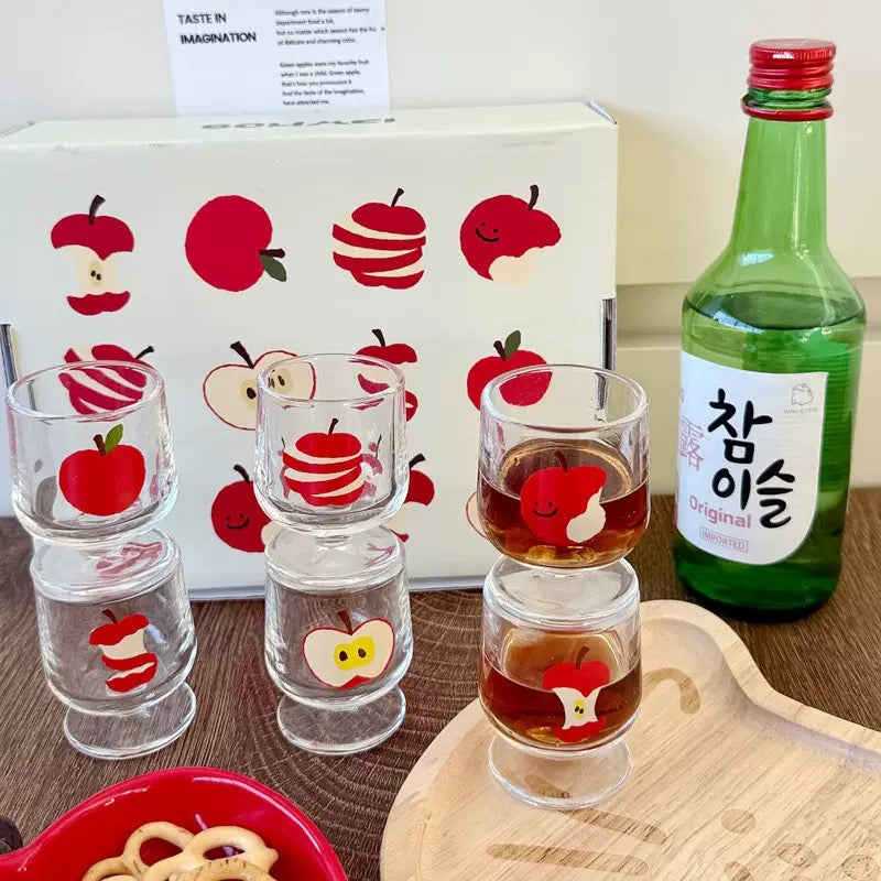 Cute Red Apple Glass Soju Shot Cup Gift Set - Set of 6, 50ML