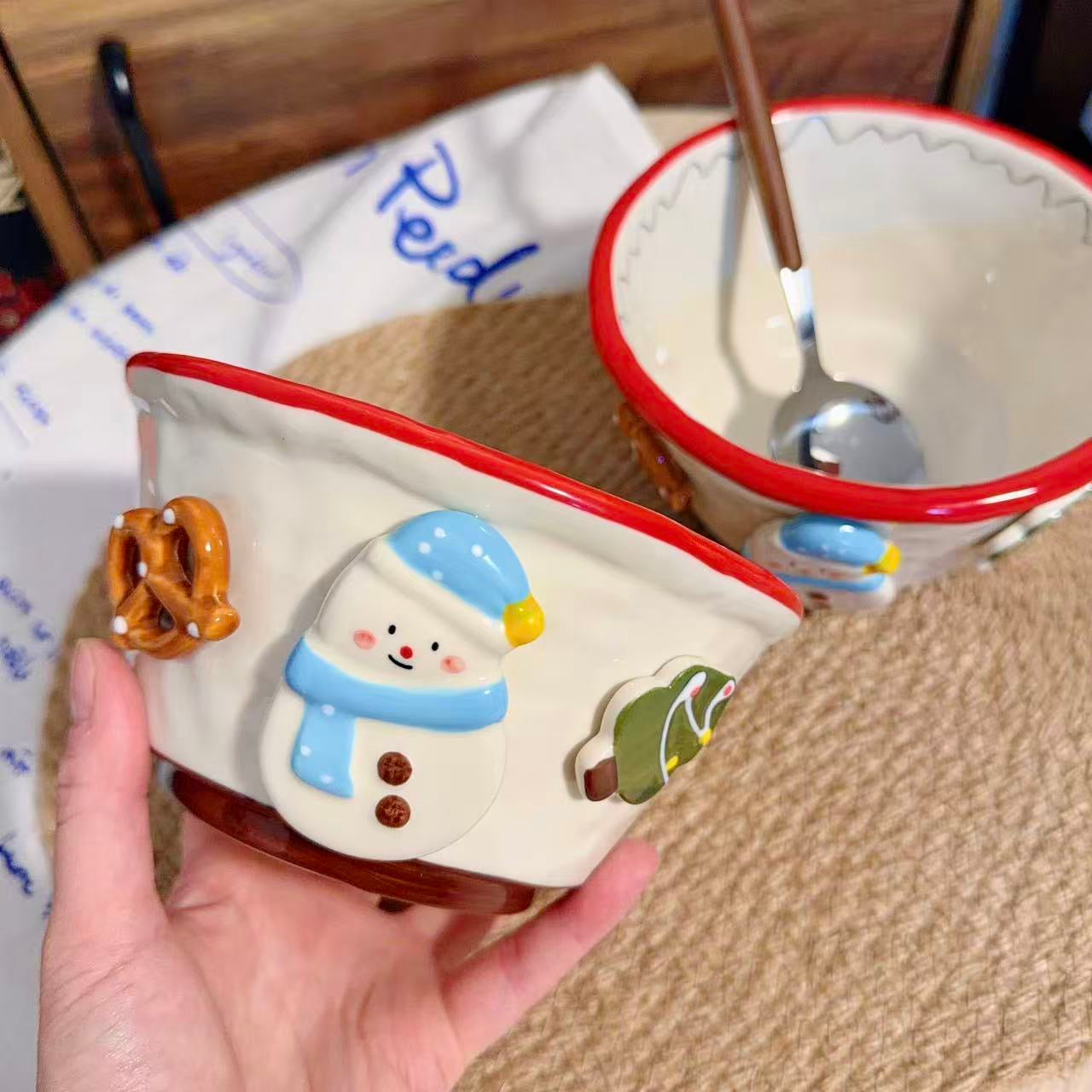 Hand-Painted Snowman Ceramic Yogurt Bowl - 650ML