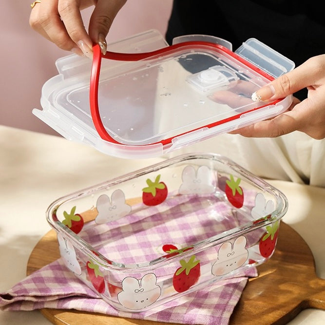 Strawberry Bunny Glass Food Container - 850ML Bento Box