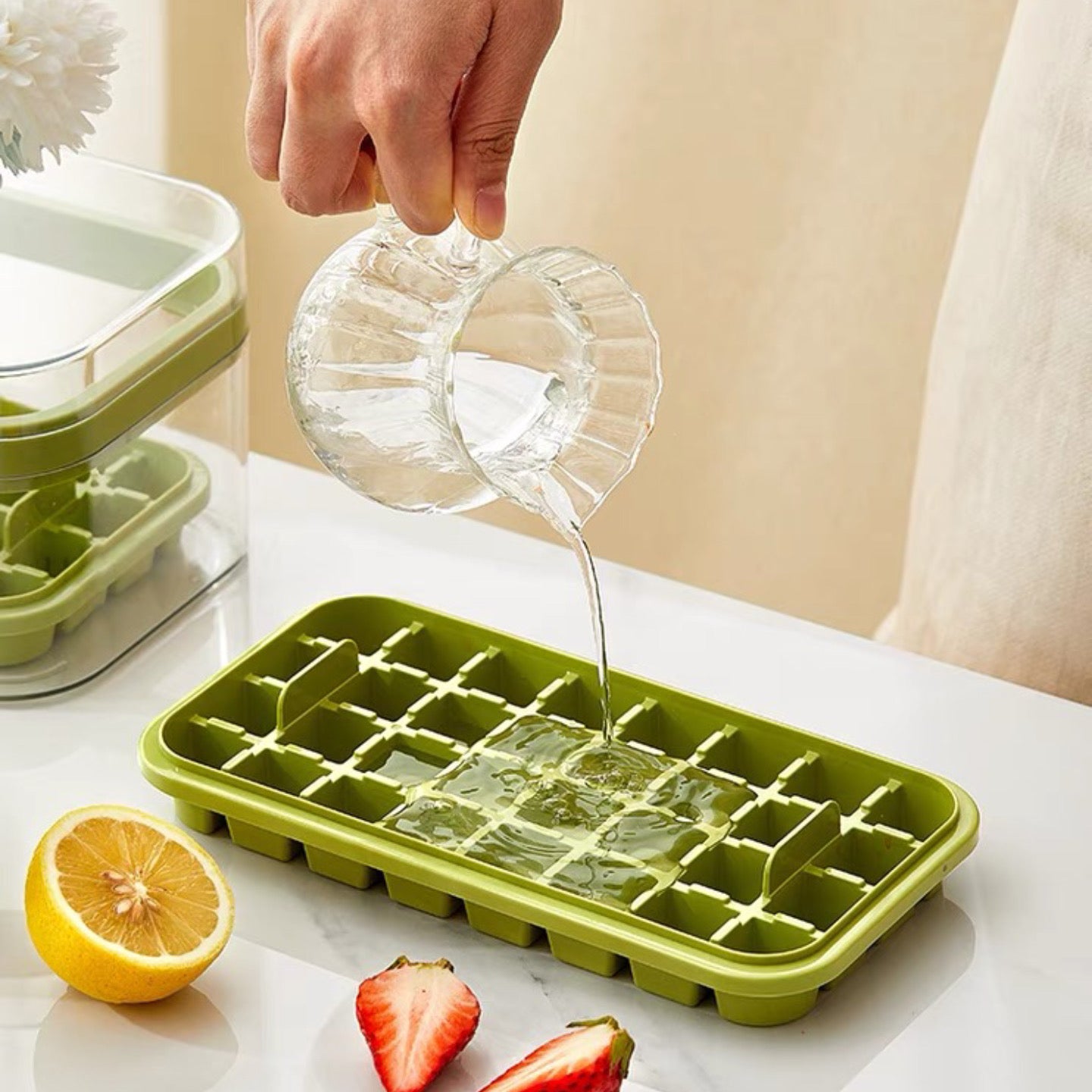 Push-Button Ice Cube Maker – Double-Layer Design with 64 Compartments | Includes Ice Scoop