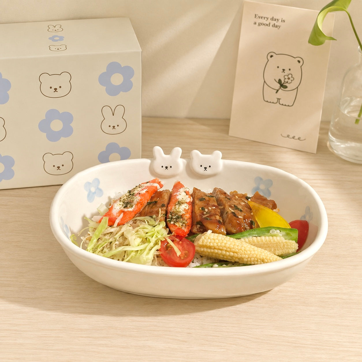 Hand-Painted Flower Bunny Ceramic Oval Bowl – 700ML