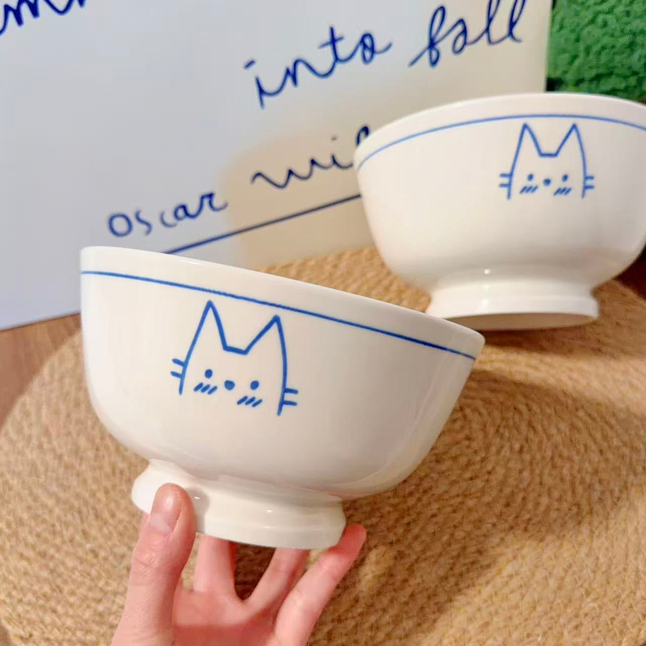 Hand-Painted Cat Ceramic Footed Noodle Bowl - 800ML