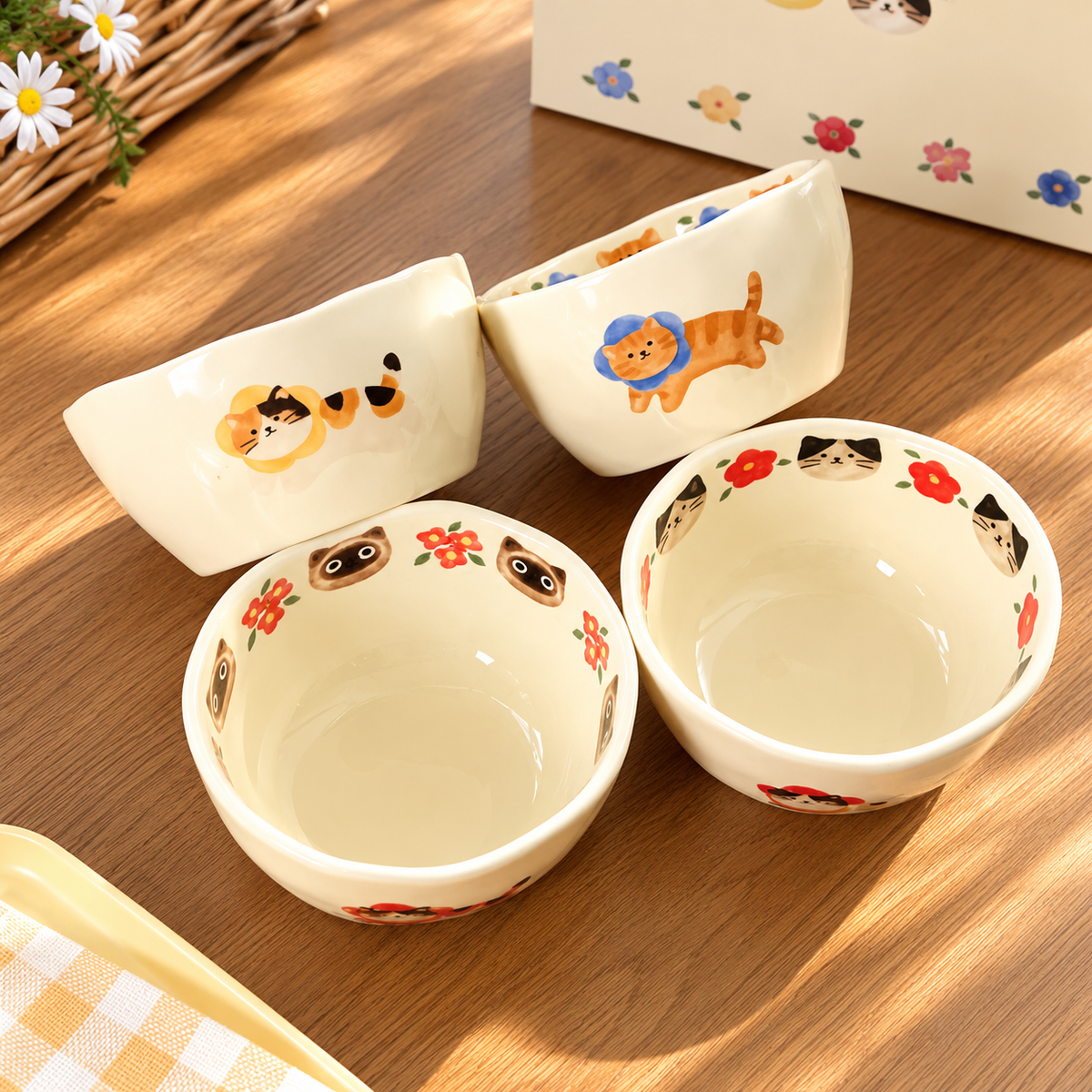 Cats & Flowers Ceramic Bowl Gift Set – Set of 4