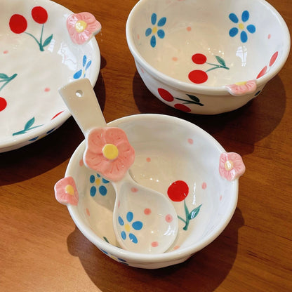 Cherry Blossom Hand-Painted Dinnerware Set | Cute Floral Design with Handles | Microwave & Dishwasher Safe