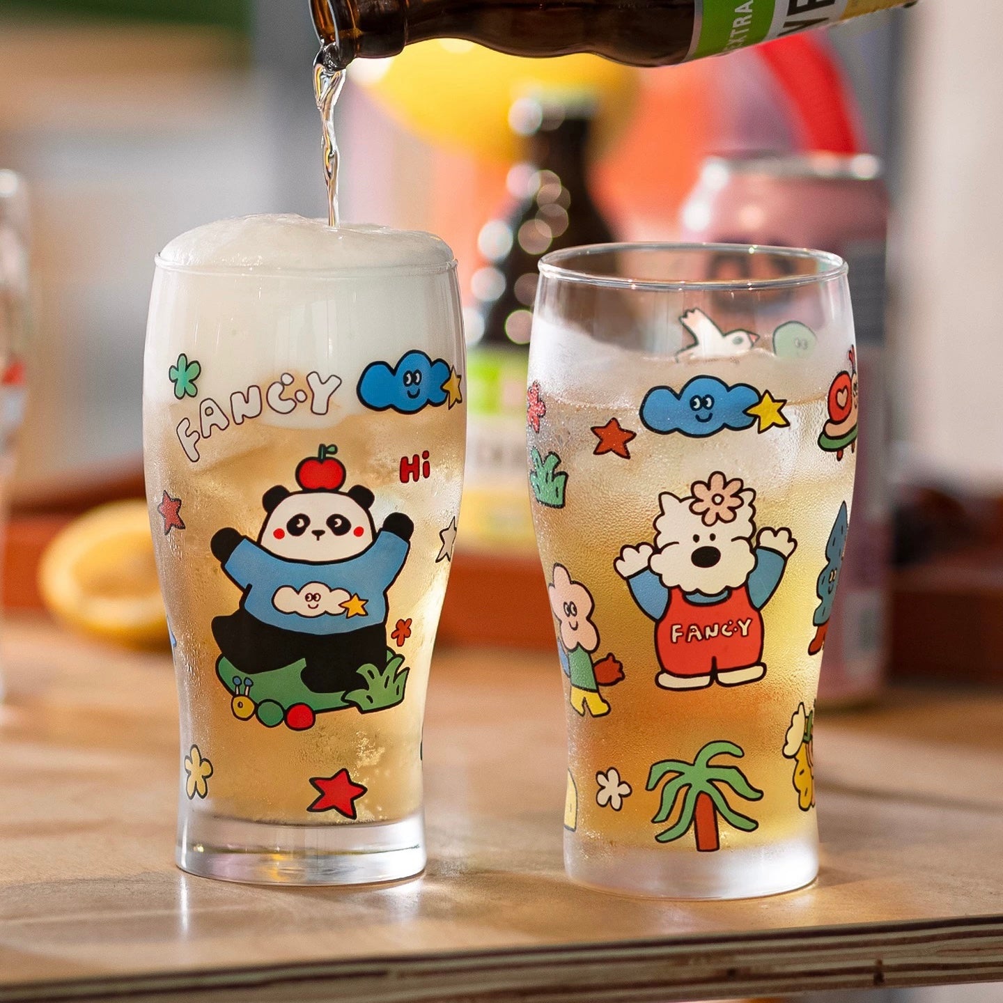 Fancy dog and panda glass beer cups with colorful cartoon design, 600ML capacity