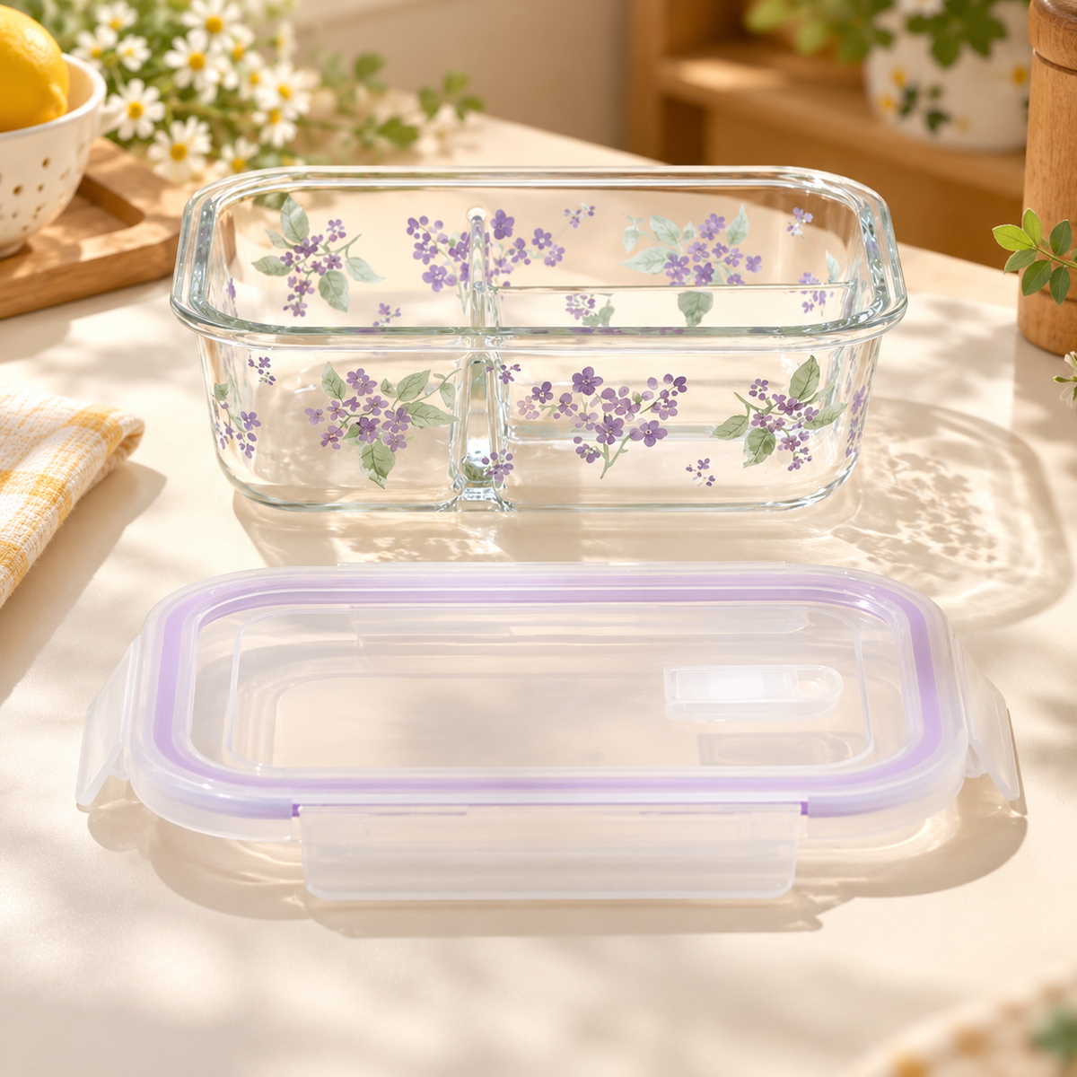 Purple Floral Glass Food Storage Container with Lid – 500ML / 850ML