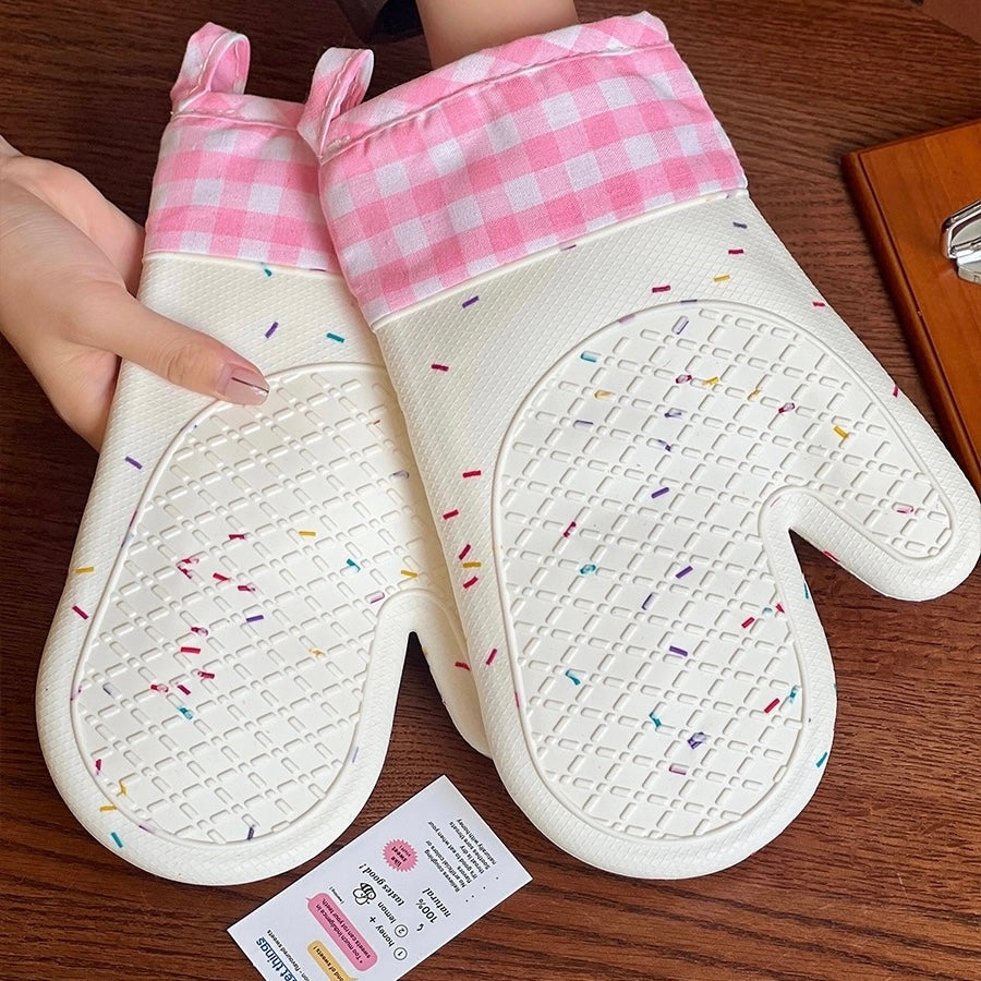 Cute Pink Heat-Resistant Silicone Oven Gloves - Set of 2, Non-Slip Baking Mitts for Cooking & Baking