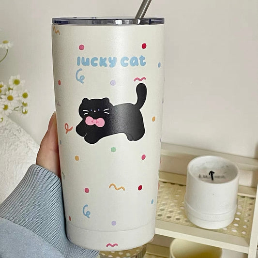 Lucky Cat Stainless Steel Travel Mug with Straw