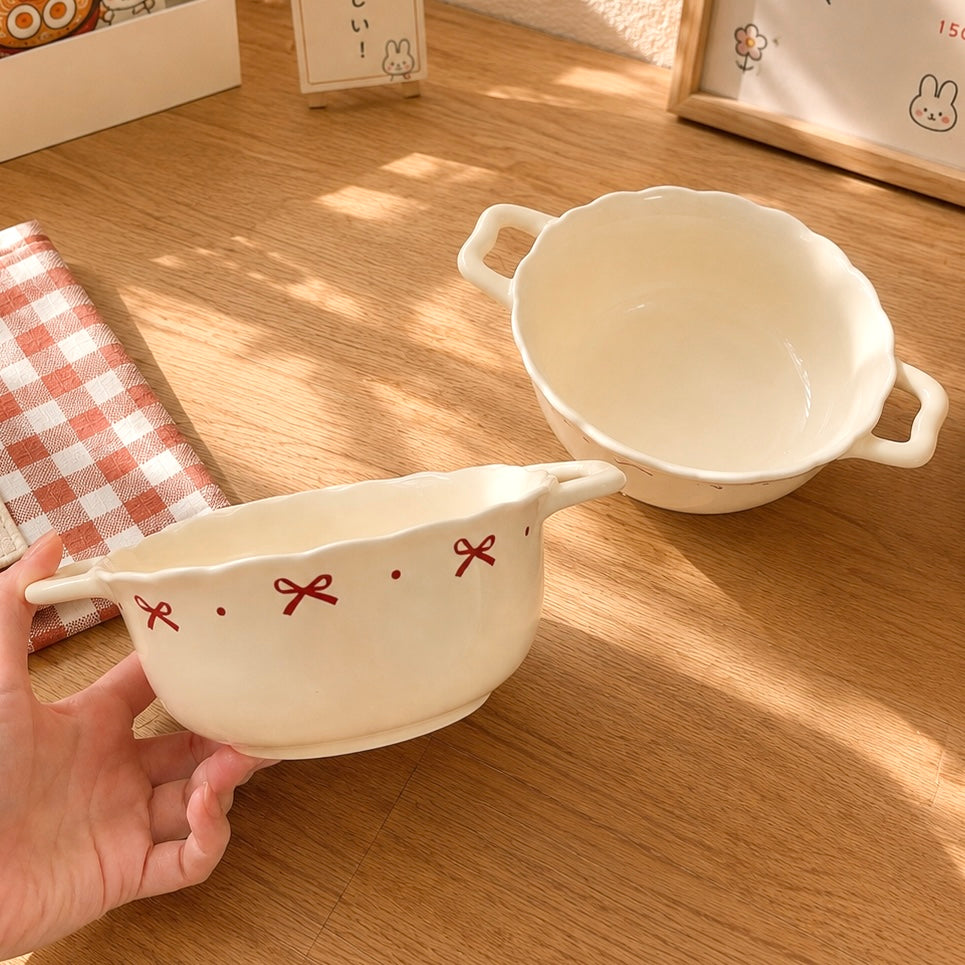 Red Bow Double-Handled Ceramic Soup Bowl – 750ML