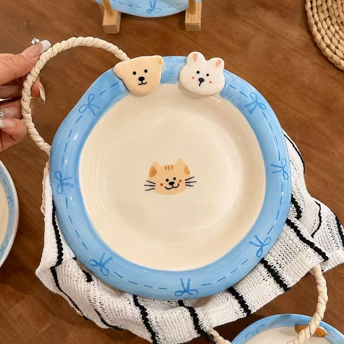 Hand-Painted Bunny & Bear Cute Ceramic Deep Plate, 8-Inch