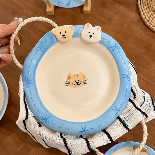 Hand-Painted Bunny & Bear Cute Ceramic Deep Plate, 8-Inch