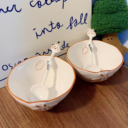 Hand-Painted Rabbit Ceramic Yogurt Bowl with Spoon - 400ML
