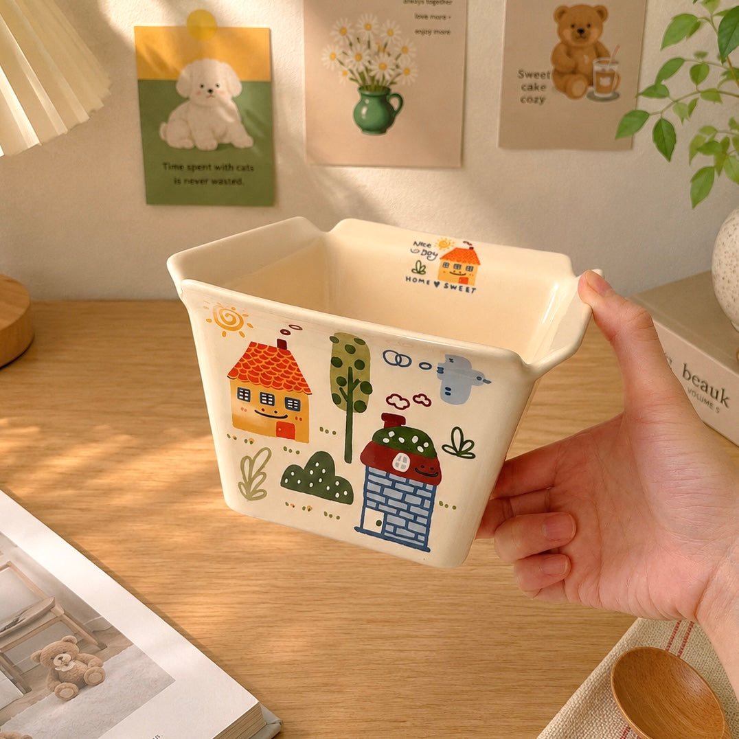 Kawaii Doodle Square Ceramic Snack Bowl – 800ML