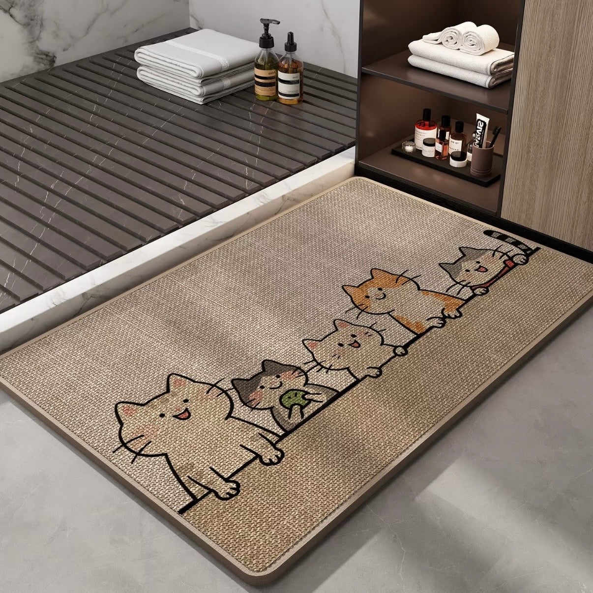 Kawaii Cat Queue Linen Woven Bathroom Rug – 2 Sizes
