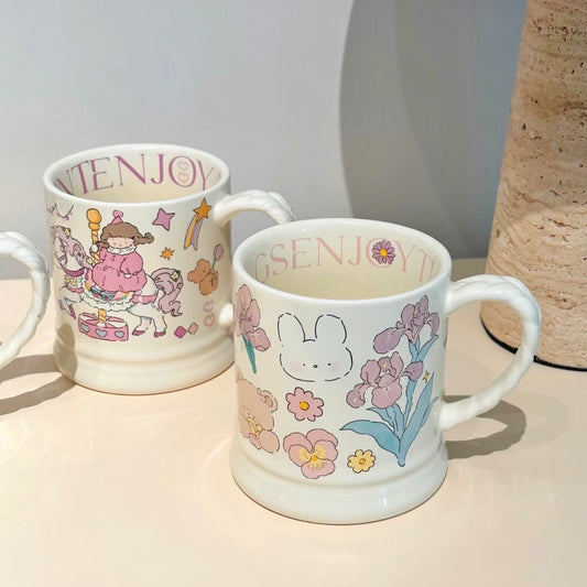 Whimsical Cartoon Floral Ceramic Mug - 4 Designs, 340ML