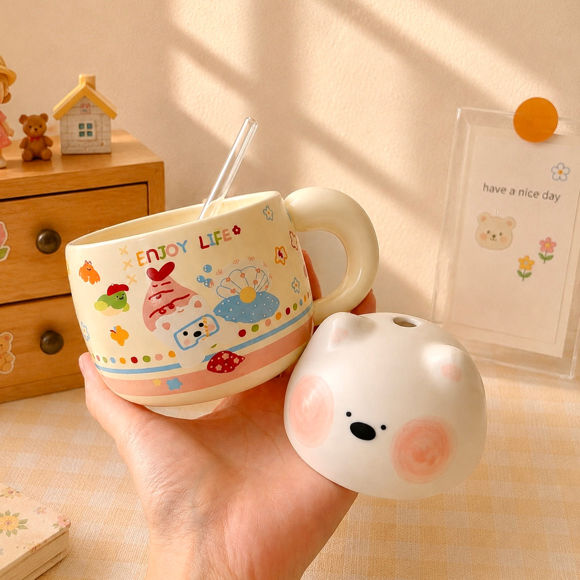 Chubby Bear Ceramic Mug with Bear Lid & Glass Straw – 350ML