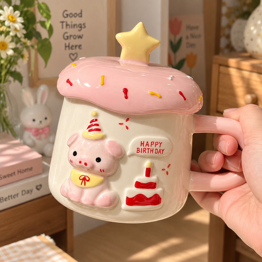 Happy Birthday Piggy Ceramic Mug with Lid – 400ML