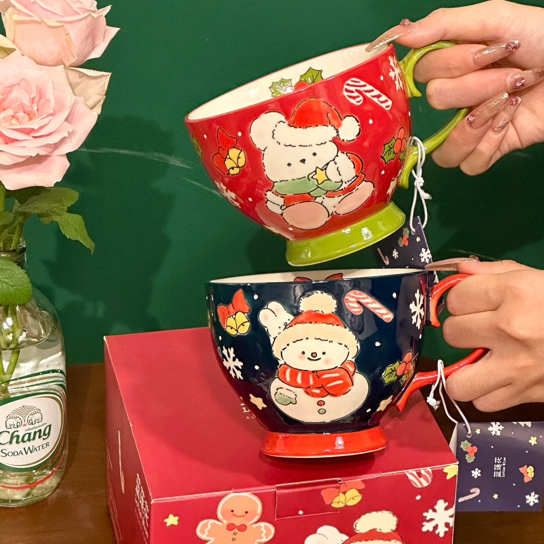 Hand-painted Christmas ceramic mug with Santa bear in red and snowman in navy blue, 500ML