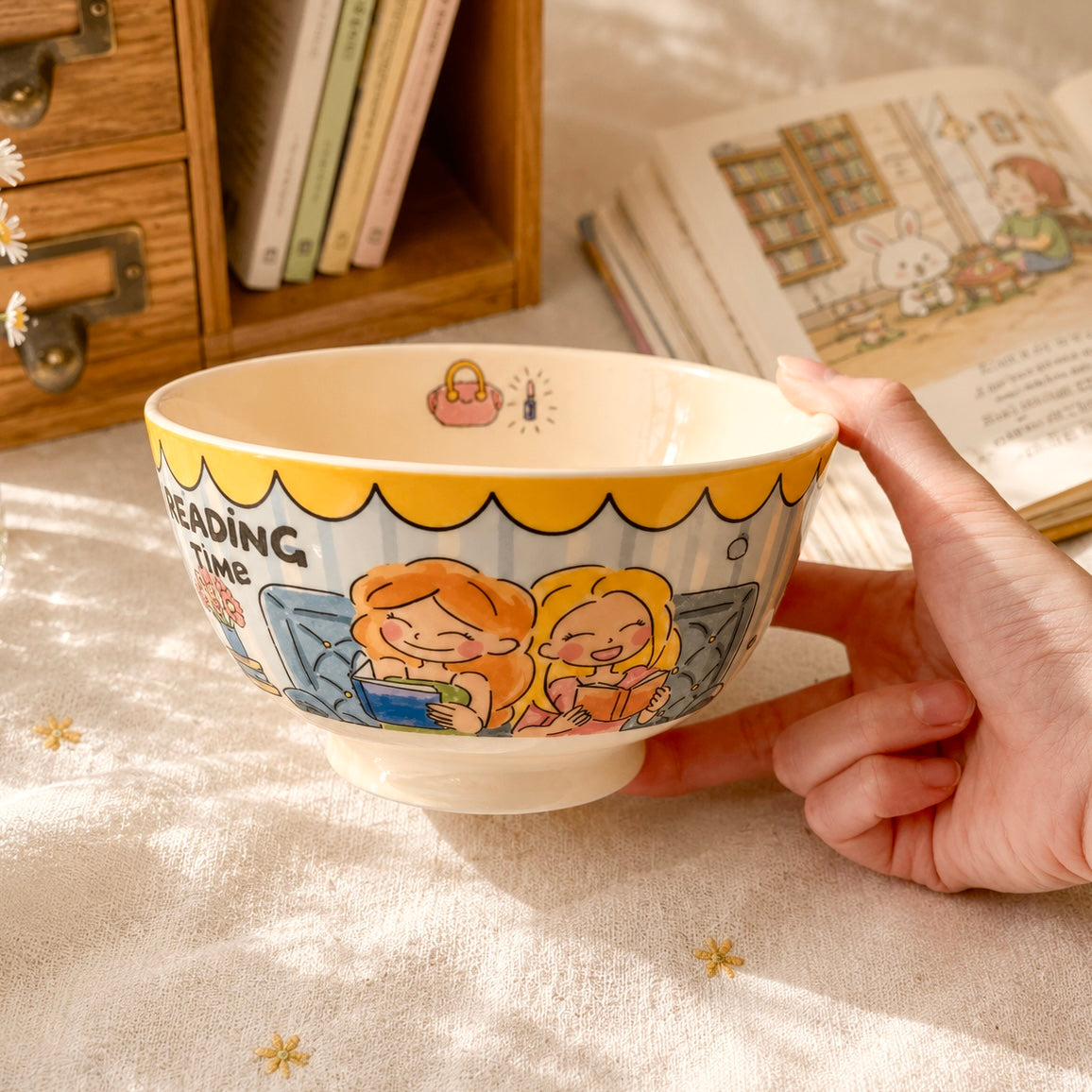 Cozy Reading Girls Cute Ceramic Bowl 600ML - Vintage Kawaii Illustrated - Wuli Home