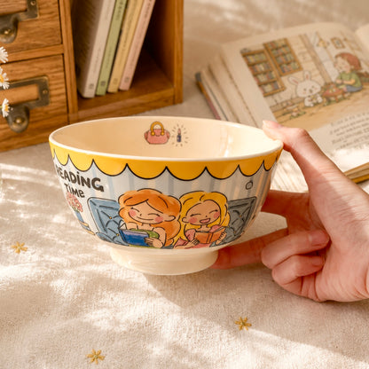 Cozy Reading Girls Cute Ceramic Bowl 600ML - Vintage Kawaii Illustrated - Wuli Home