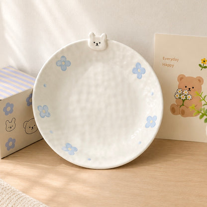Hand-Painted Flower Bunny Ceramic Dessert Plate, 8-inch