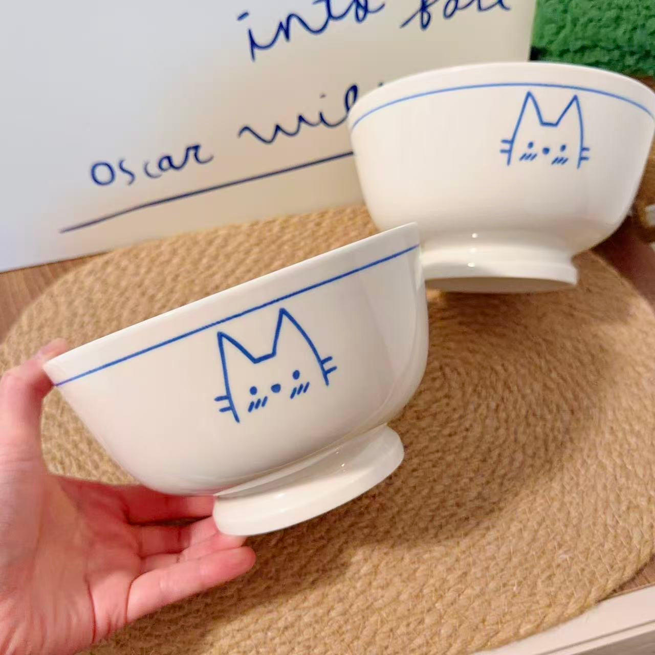 Hand-Painted Cat Ceramic Footed Noodle Bowl - 800ML