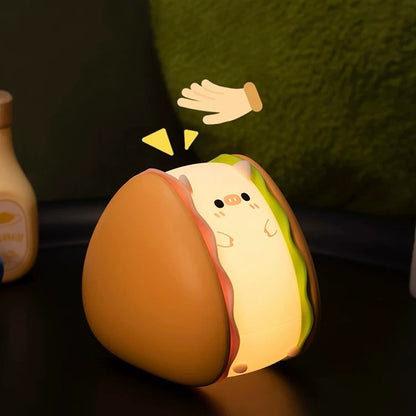 Hamburger Pig Tap-On Night Light | Cute Silicone Design with Adjustable Brightness and Timer