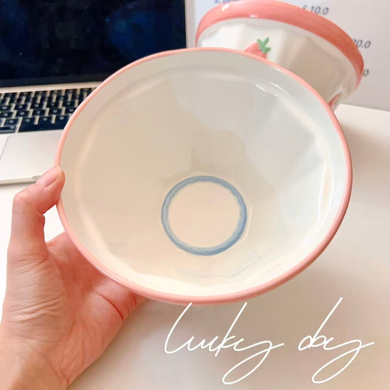 Pink Strawberry Ceramic Noodle Bowl – 800ML